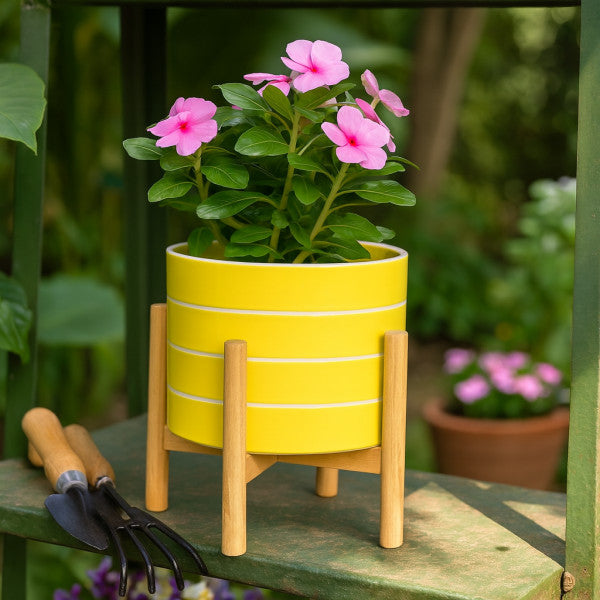 8" Yellow Striped Planter w/ Wooden Stand