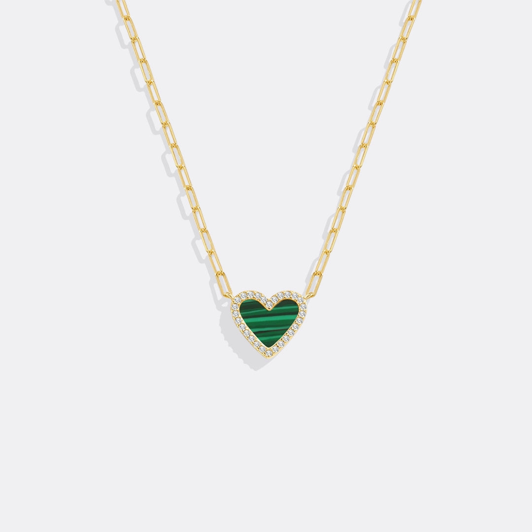 Dainty Malachite Heart Charm Paperclip Necklace