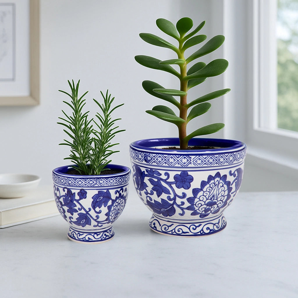 Blue Ceramic Chinoiserie Bowl Planters (2 Sizes)
