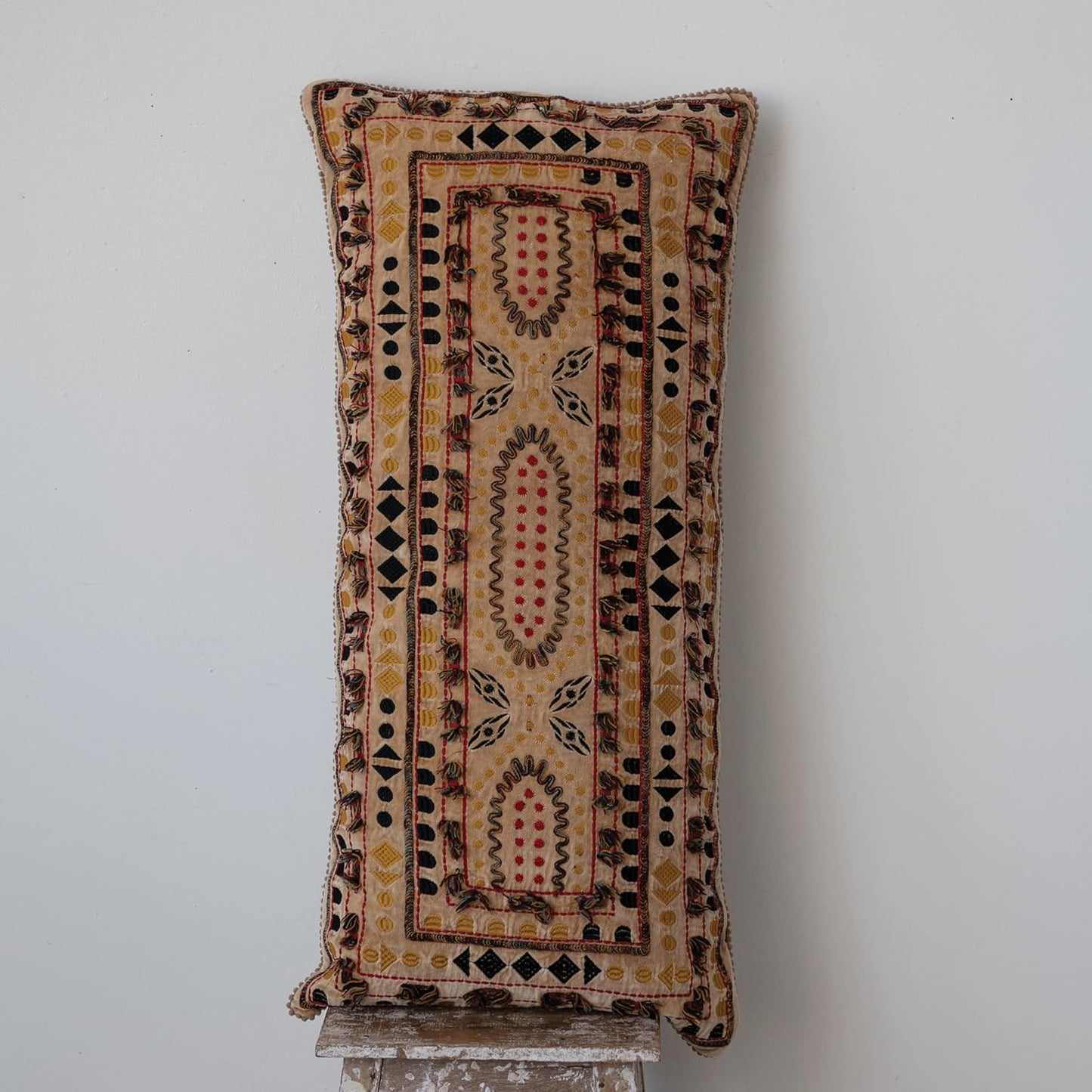 Velvet Embroidered Lumbar Pillow w/ Chambray Back