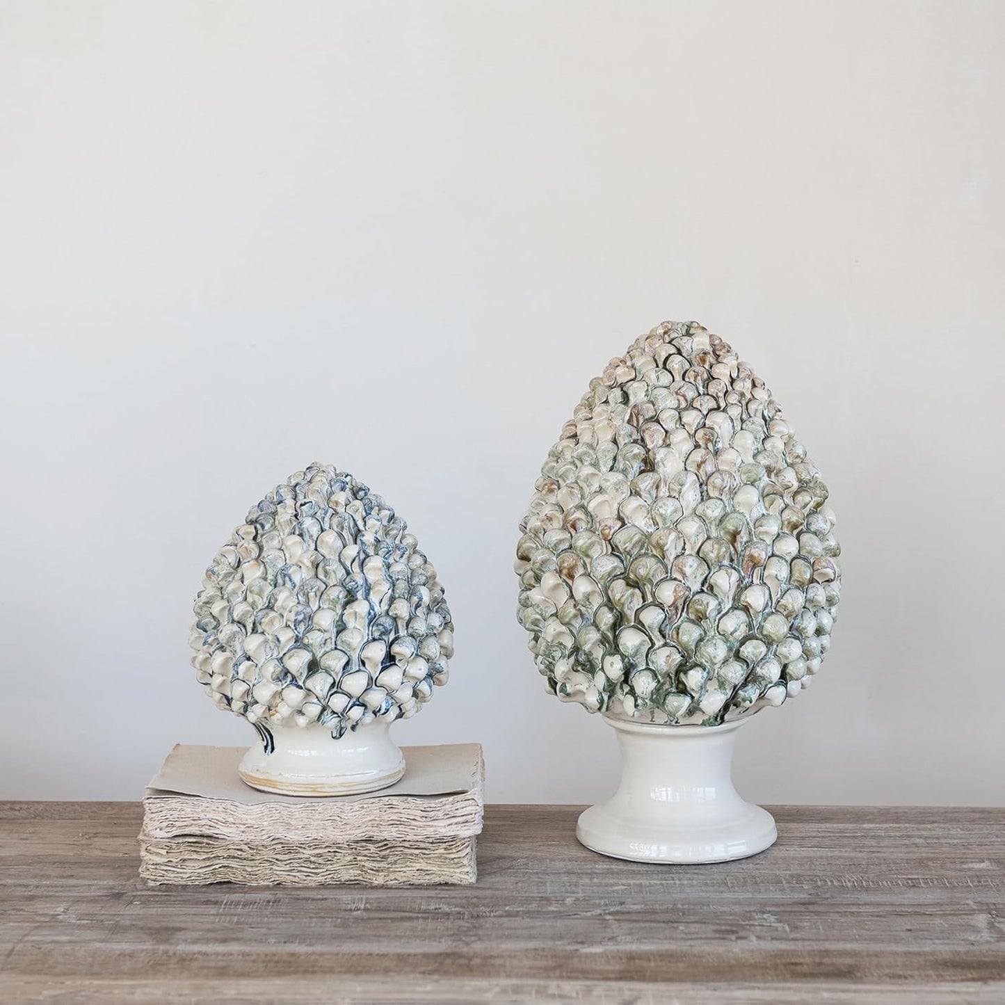 15.75” Terra-Cotta Artichoke Finial w/ Green & Cream Reactive Glaze