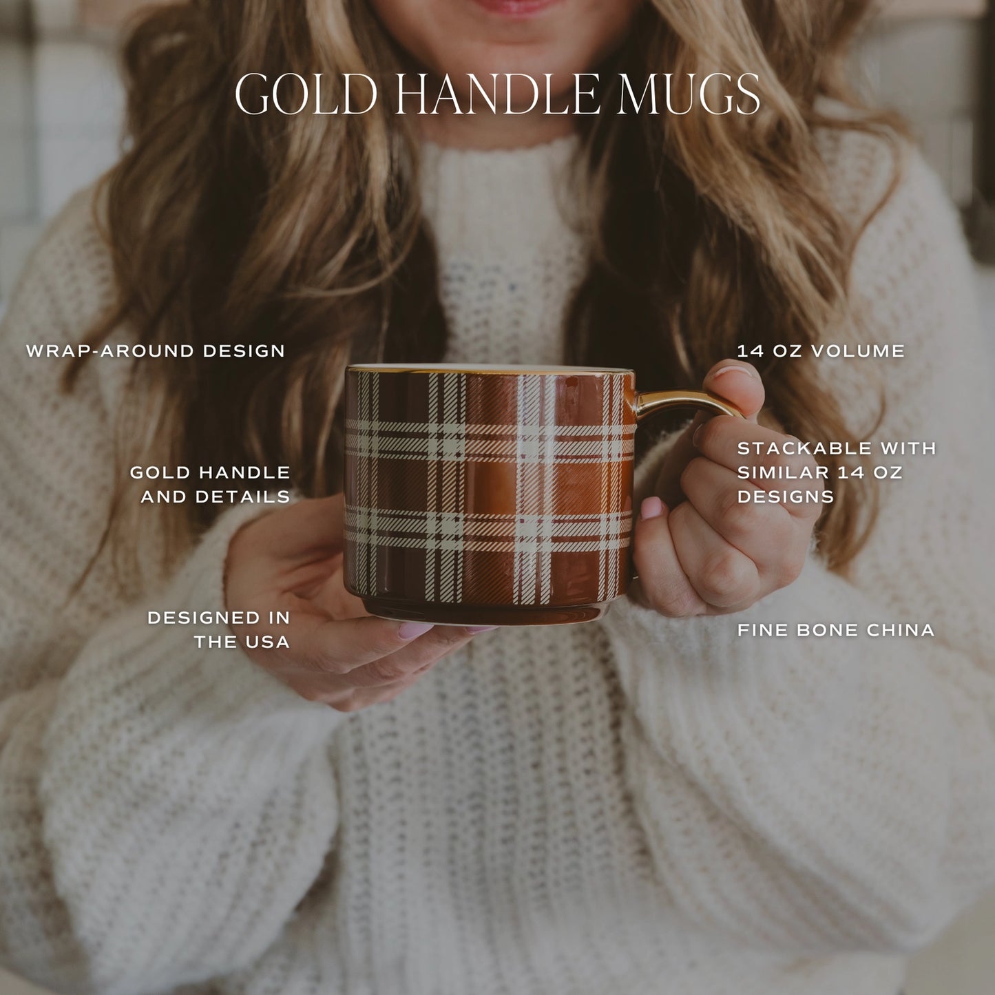 Brown Plaid Coffee Mug w/ Gold Handle 14 oz