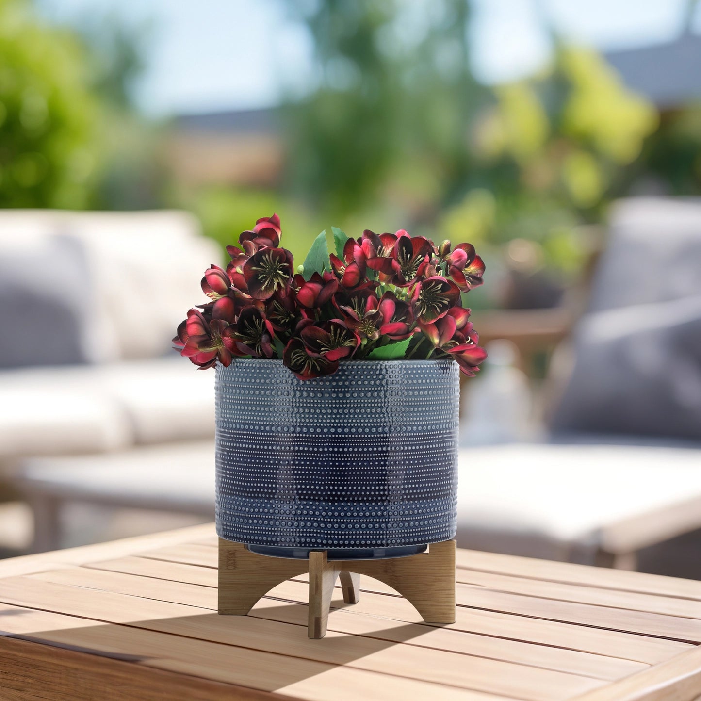 Blue & White Ceramic Planter w/ Wooden Stand