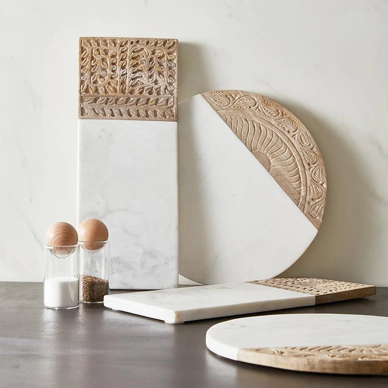 Marble & Carved Mango Wood Round Serving Board