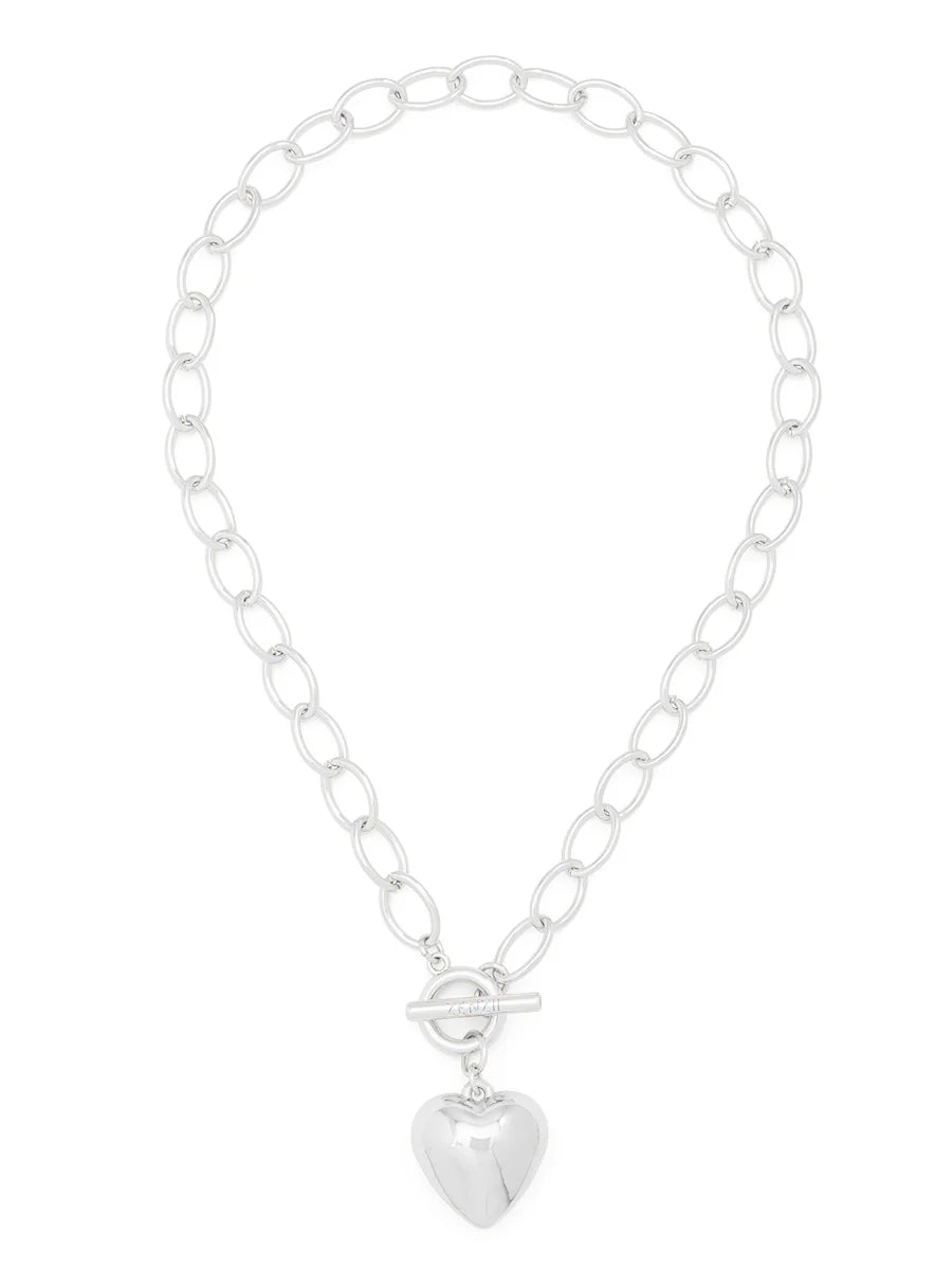 Puffed Heart Oval Links Collar Necklace - Silver