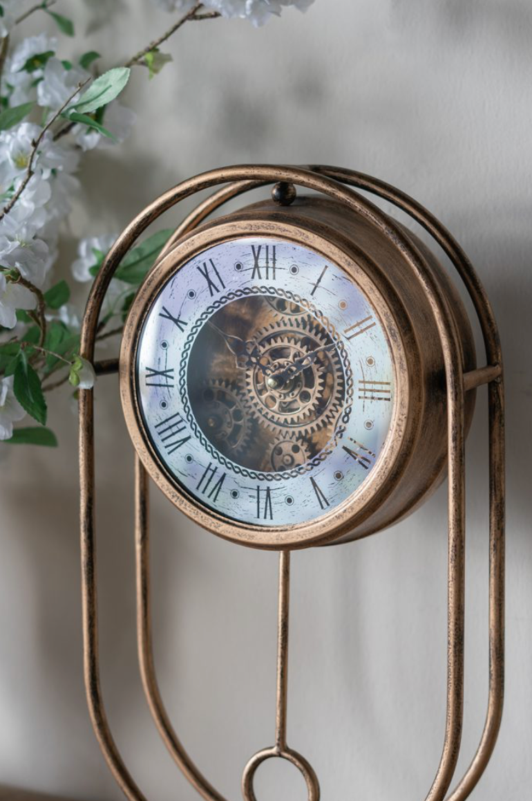 Vintage-Inspired Gold Table Gear Clock on Rectangle Stand