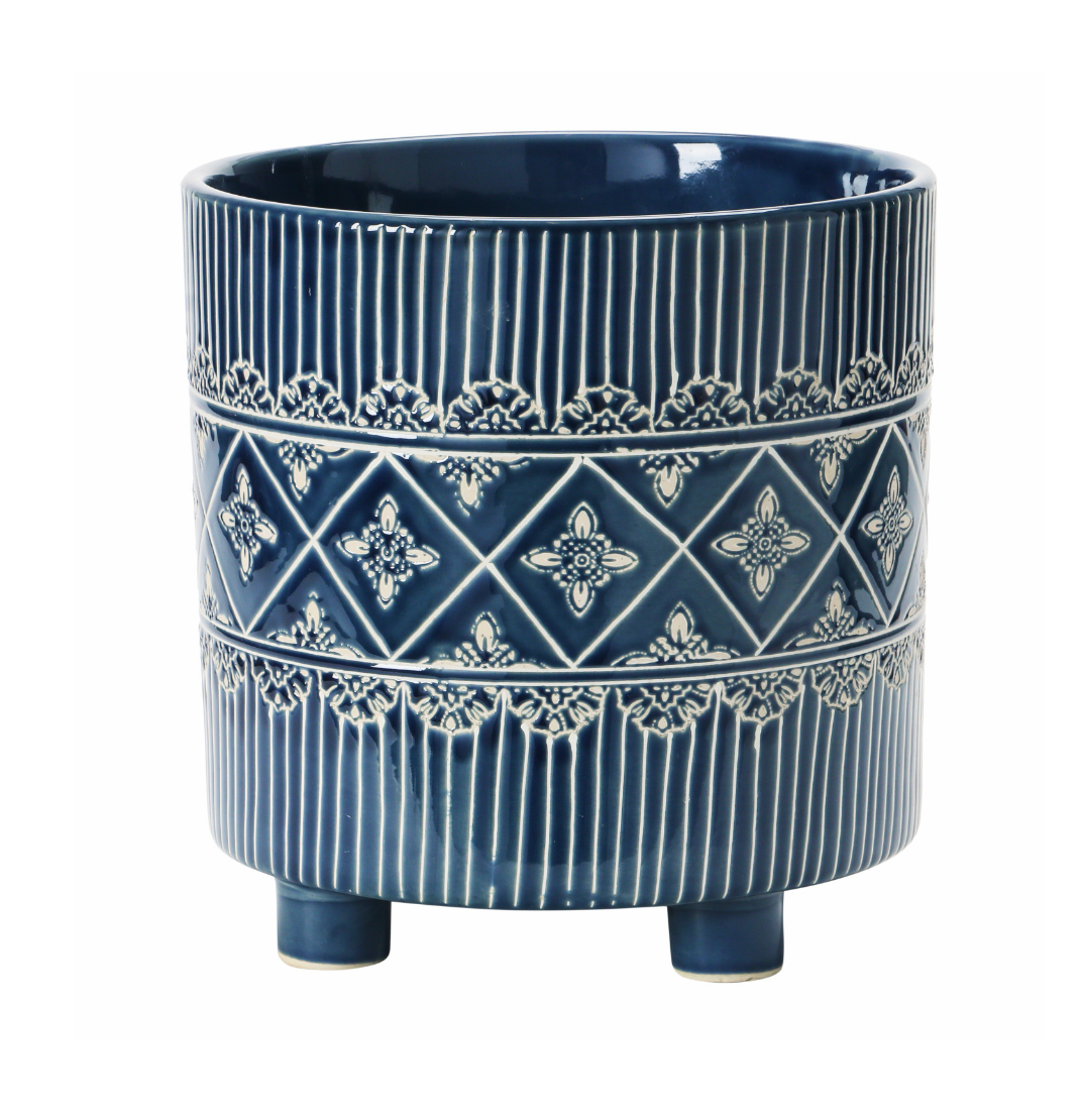 Blue & White Debossed Stoneware Footed Planter