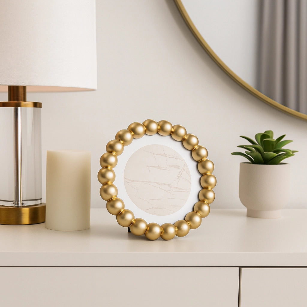 Round Beaded Photo Frame w/ Matte Gold Finish