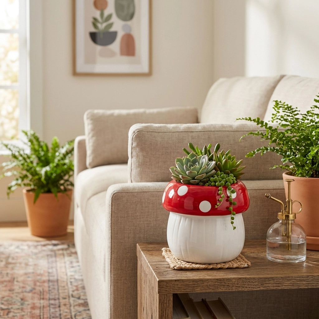 Red & White Toadstool-Shaped Planter Pot