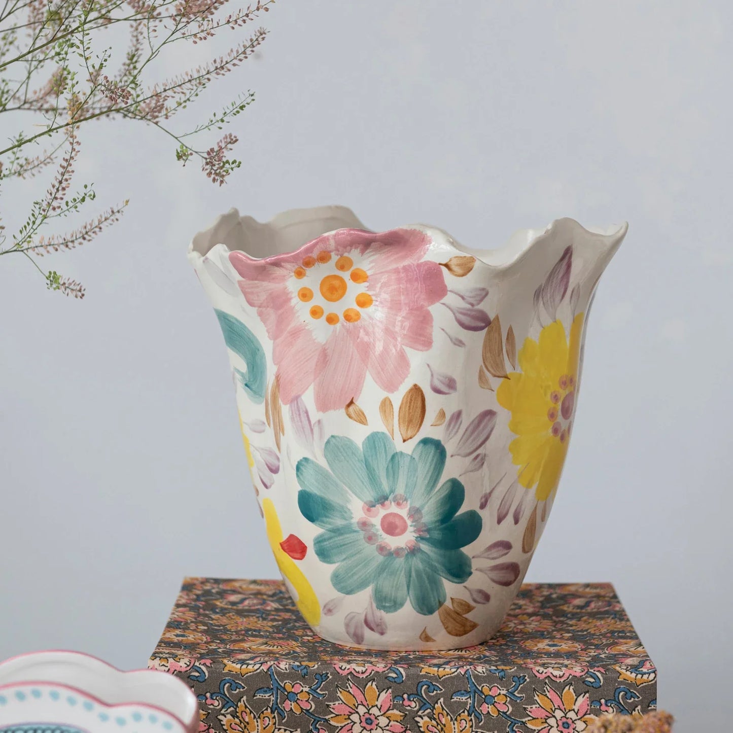 Hand-Painted Stoneware Ruffled Vase