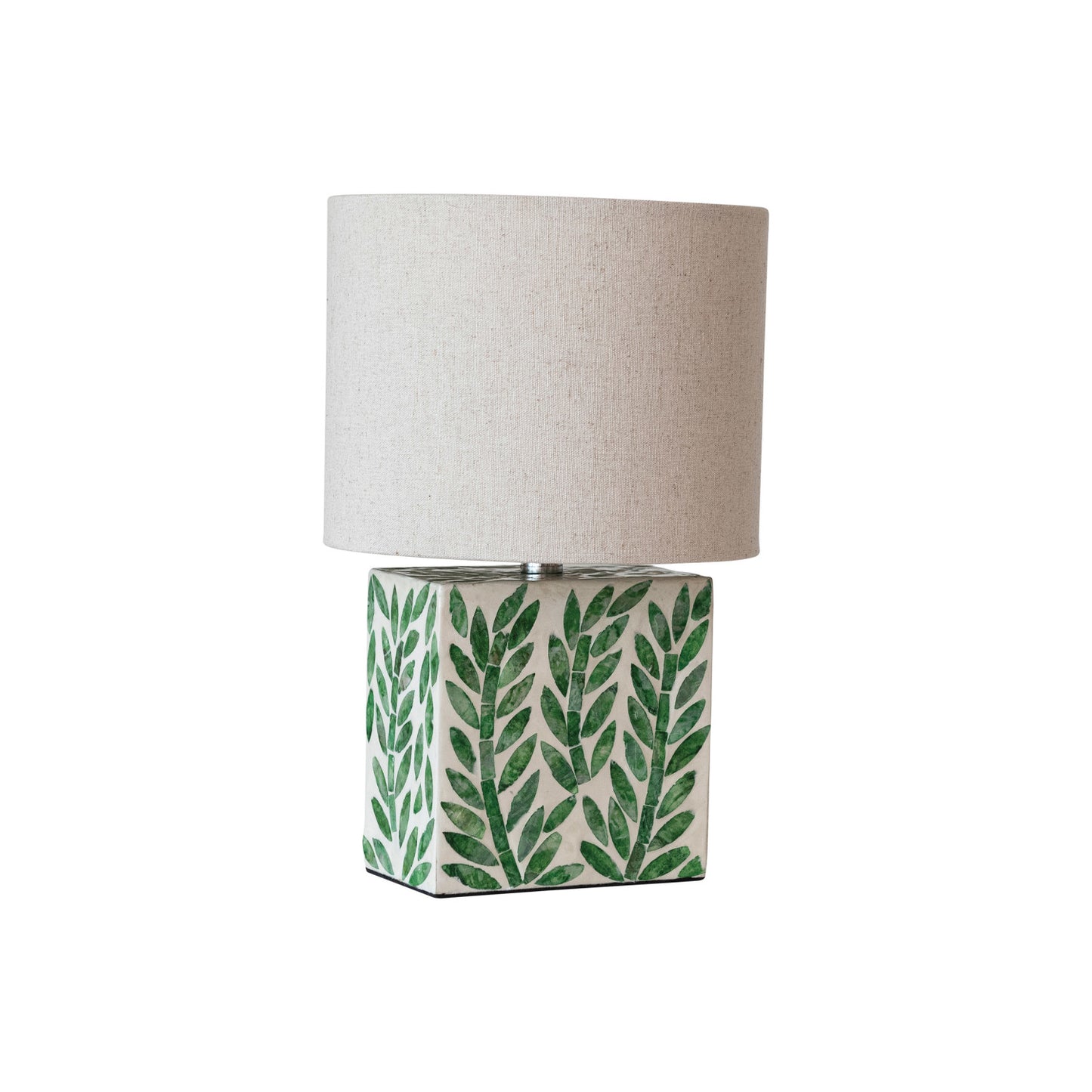 Mother of Pearl Table Lamp w/ Botanical Pattern & Linen Shade