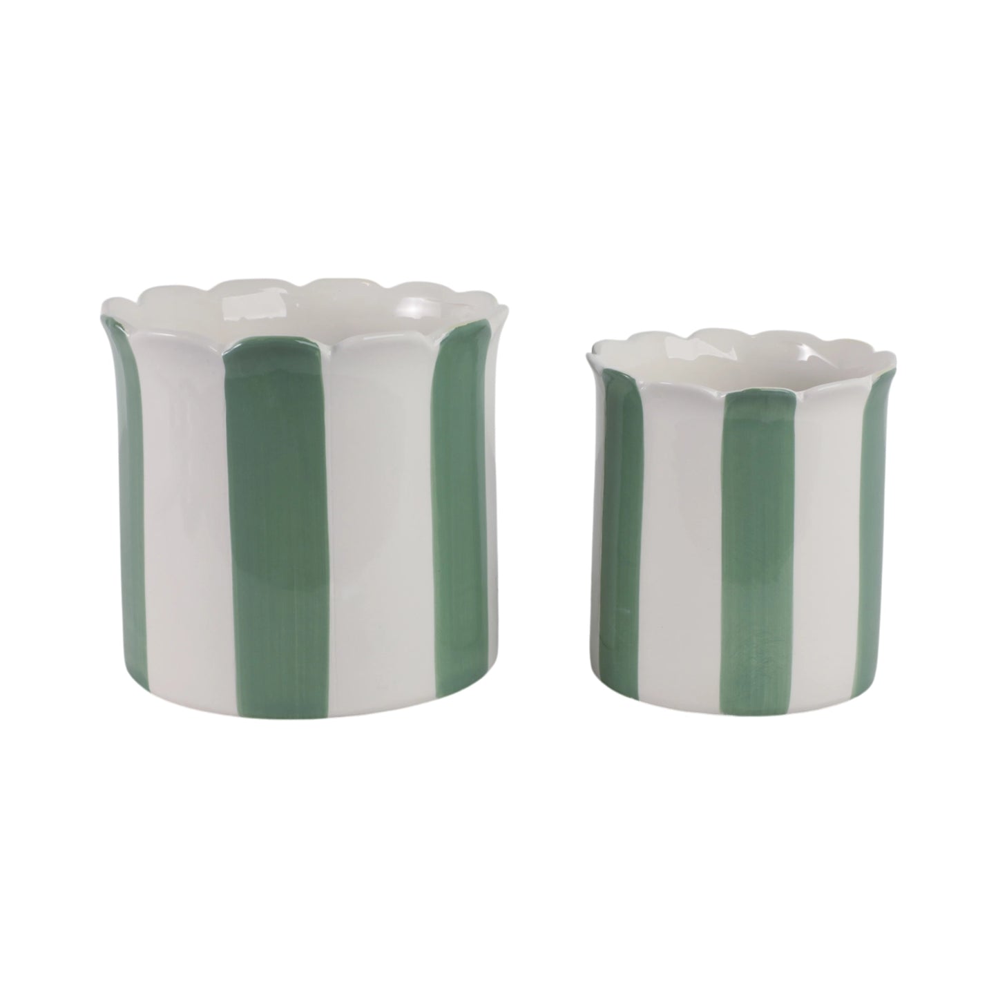 Green & White Striped Planters w/ Scalloped Rim (2 Sizes)