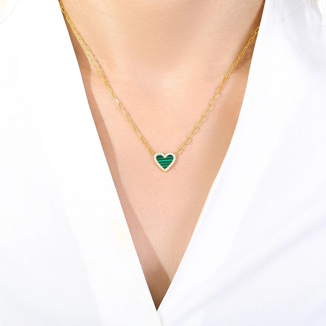 Dainty Malachite Heart Charm Paperclip Necklace