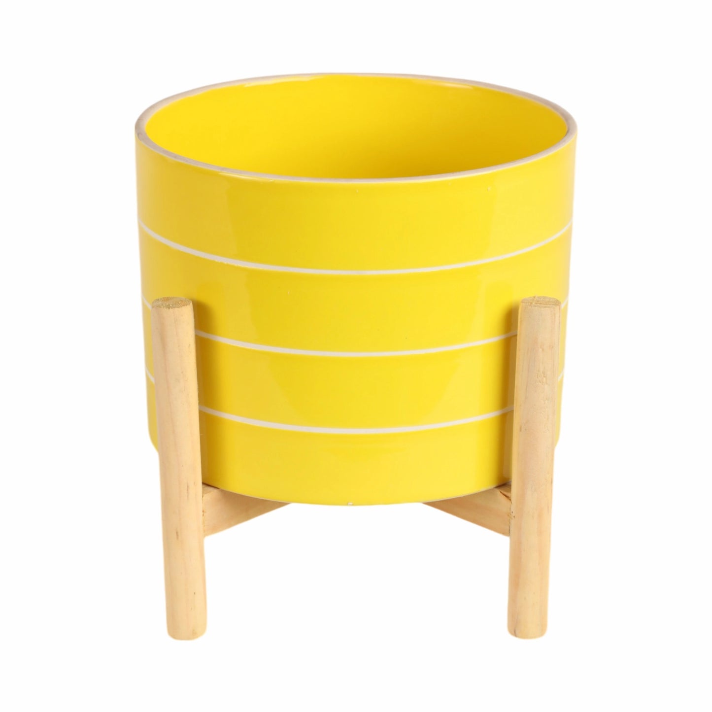 8" Yellow Striped Planter w/ Wooden Stand