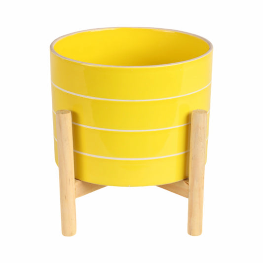 8" Yellow Striped Planter w/ Wooden Stand