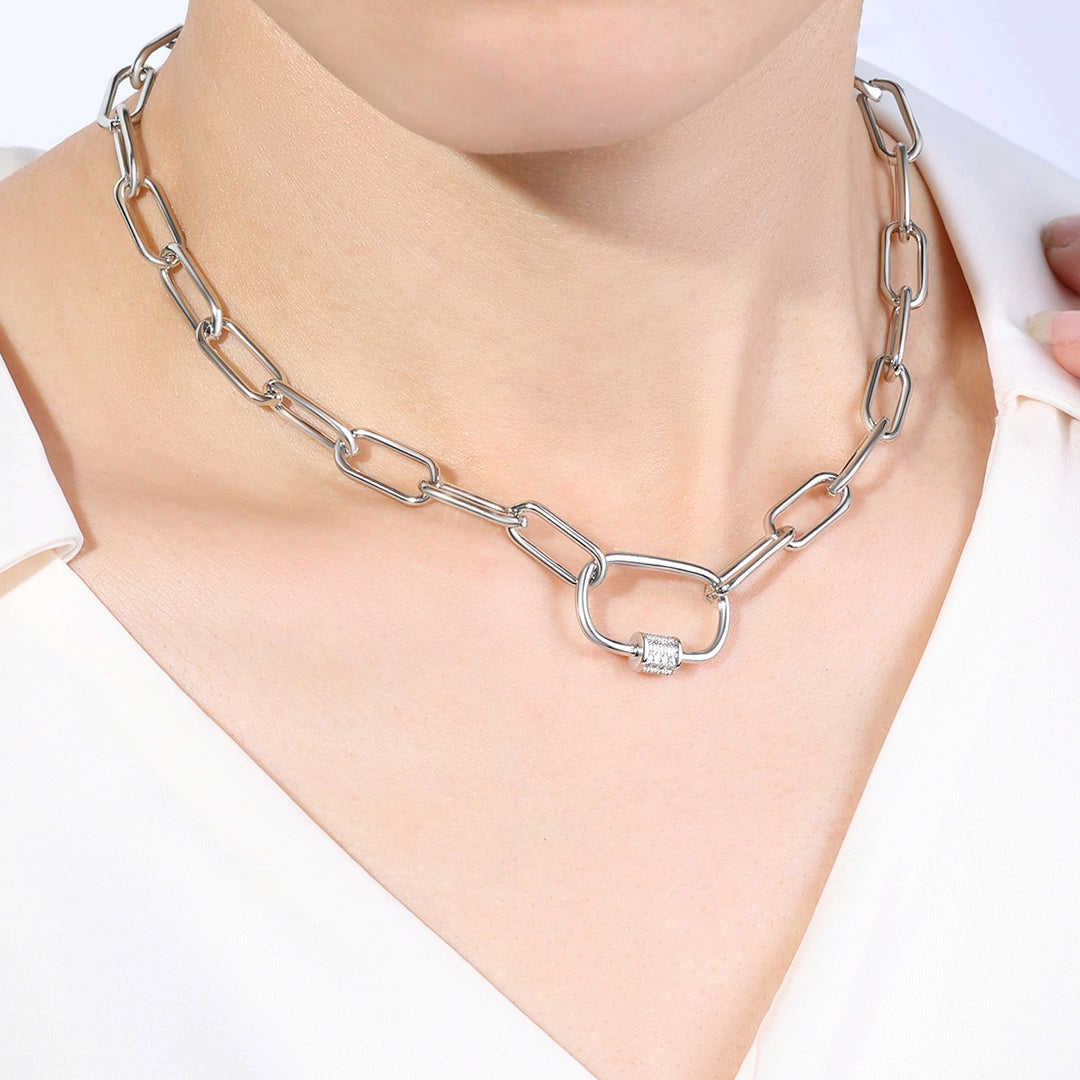 Link Chain Necklace w/ Pave Carabiner Clasp (2 Colors)