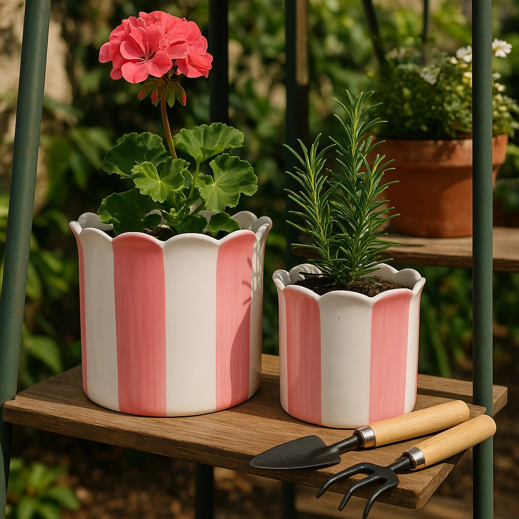 Pink & White Striped Planters w/ Scalloped Rim (2 Sizes)
