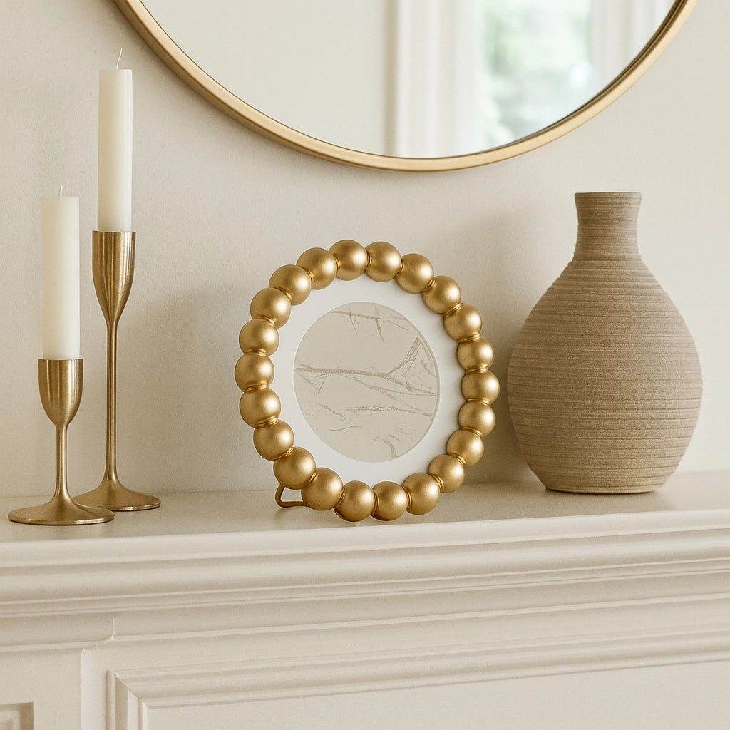 Round Beaded Photo Frame w/ Matte Gold Finish