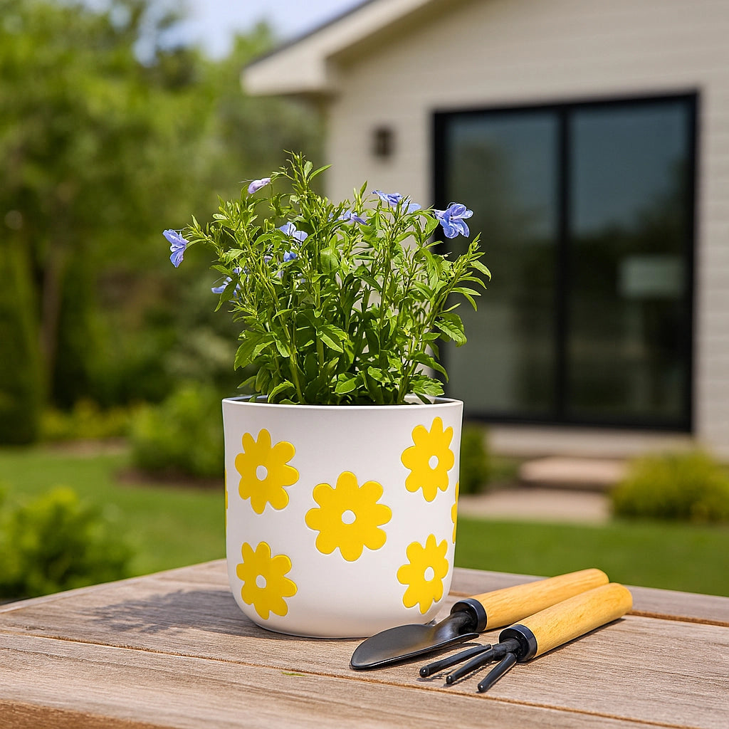 6" White & Yellow Ceramic Flower Power Planter