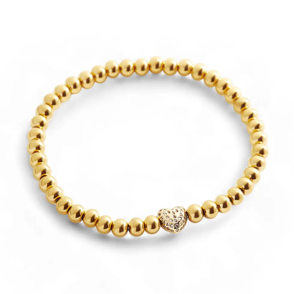 Pave Heart Gold Beaded Bracelet