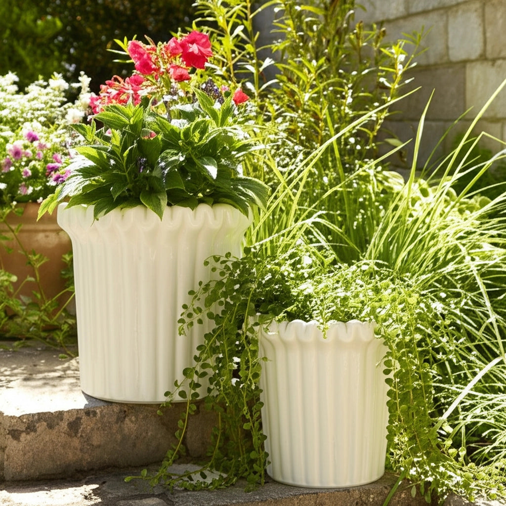 Ivory Ceramic Planter Pot w/ Fluted Rim (2 Sizes)