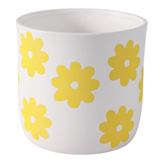 6" White & Yellow Ceramic Flower Power Planter
