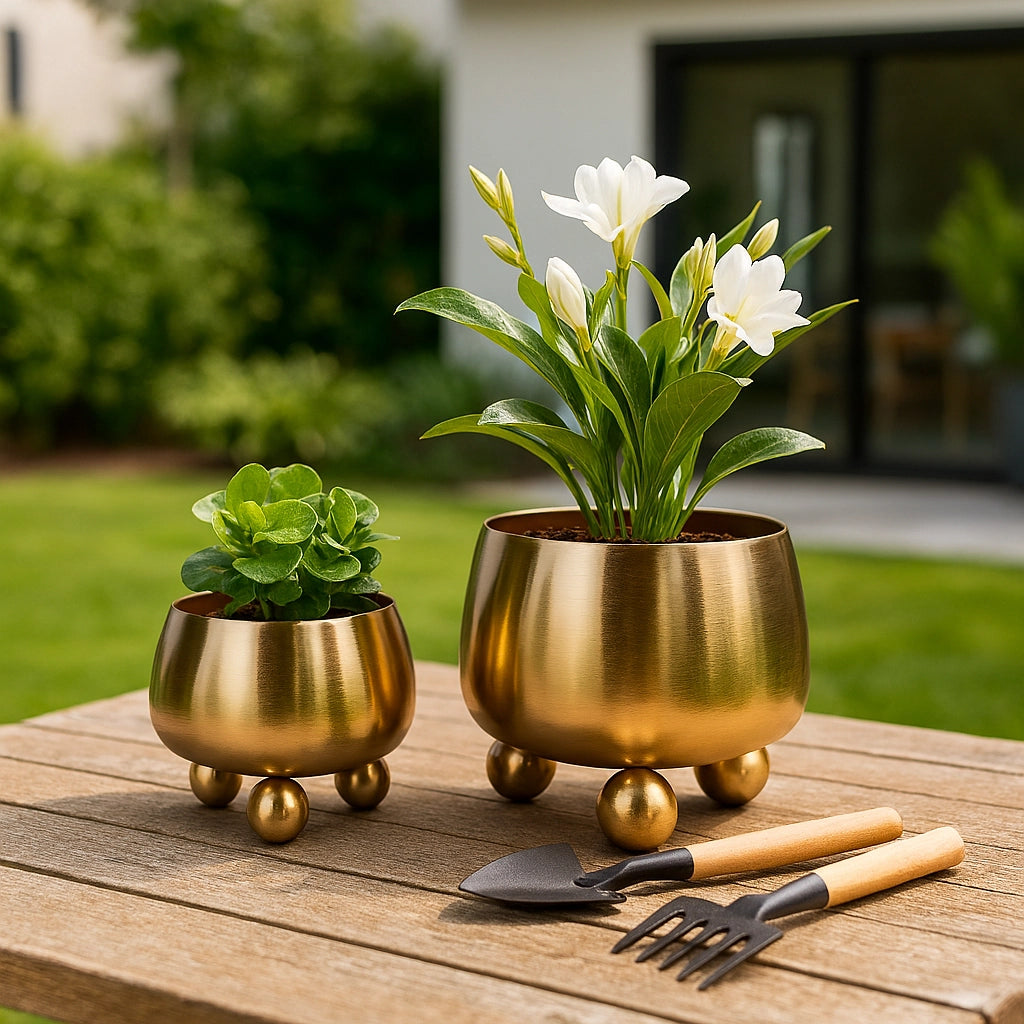 Gold Metal Planter Pot w/ Ball Feet (2 Sizes)