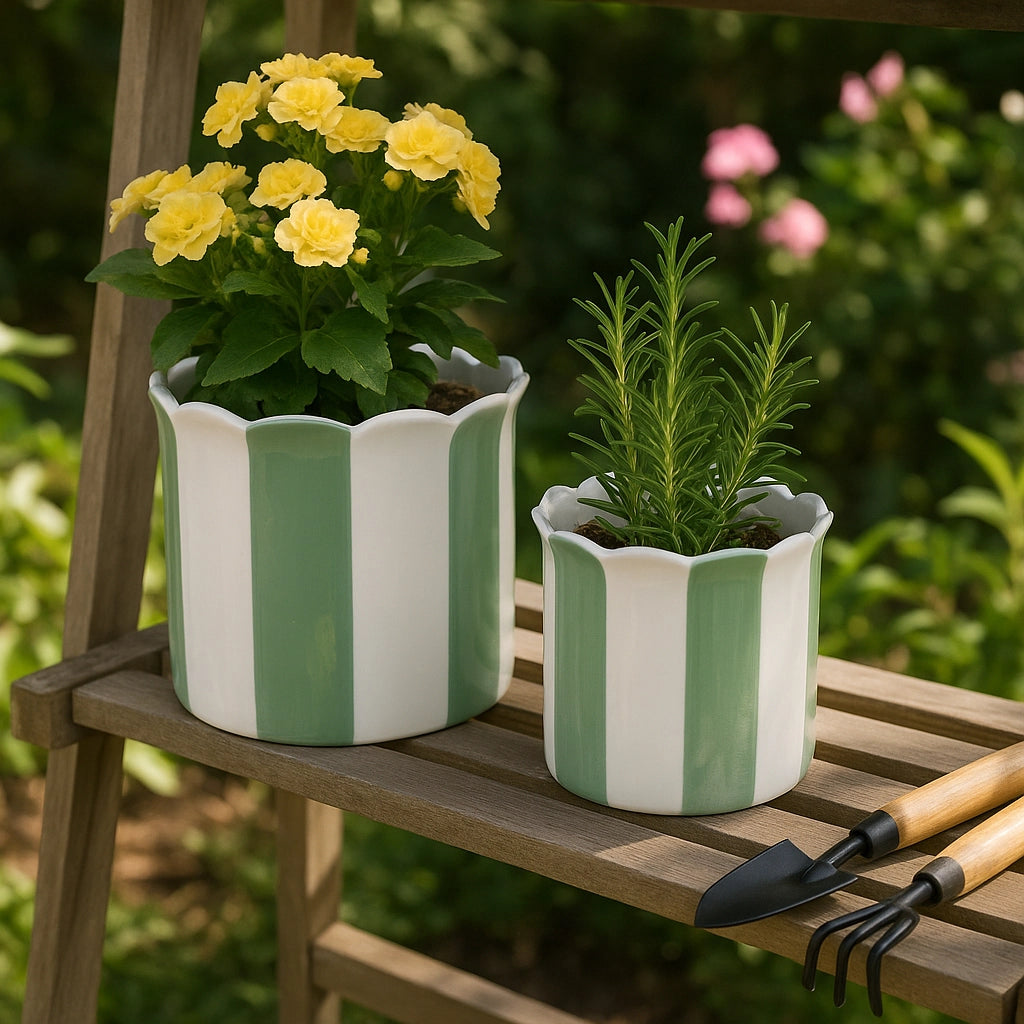 Green & White Striped Planters w/ Scalloped Rim (2 Sizes)