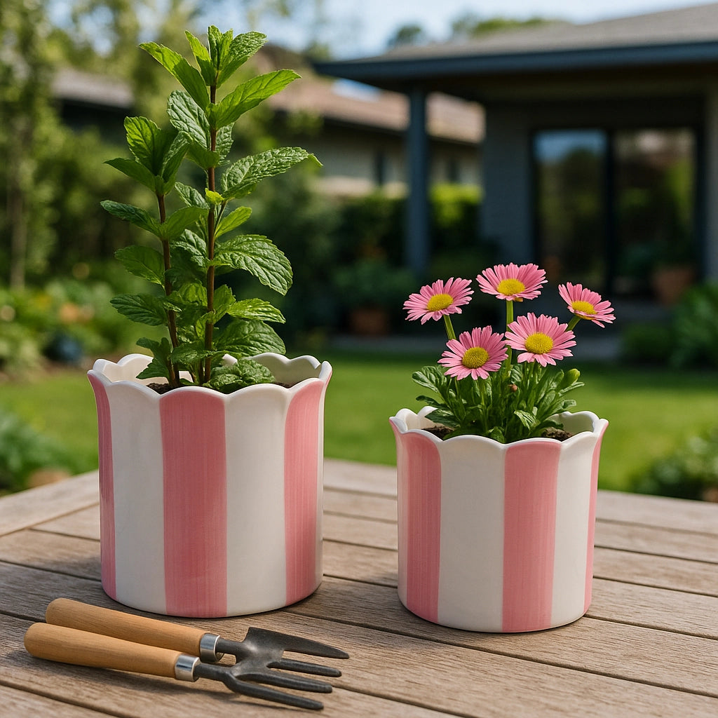 Pink & White Striped Planters w/ Scalloped Rim (2 Sizes)
