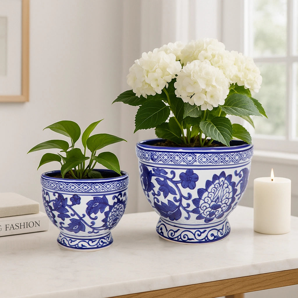 Blue Ceramic Chinoiserie Bowl Planters (2 Sizes)