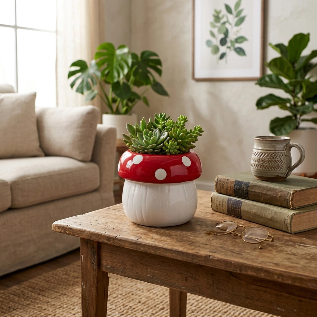 Red & White Toadstool-Shaped Planter Pot