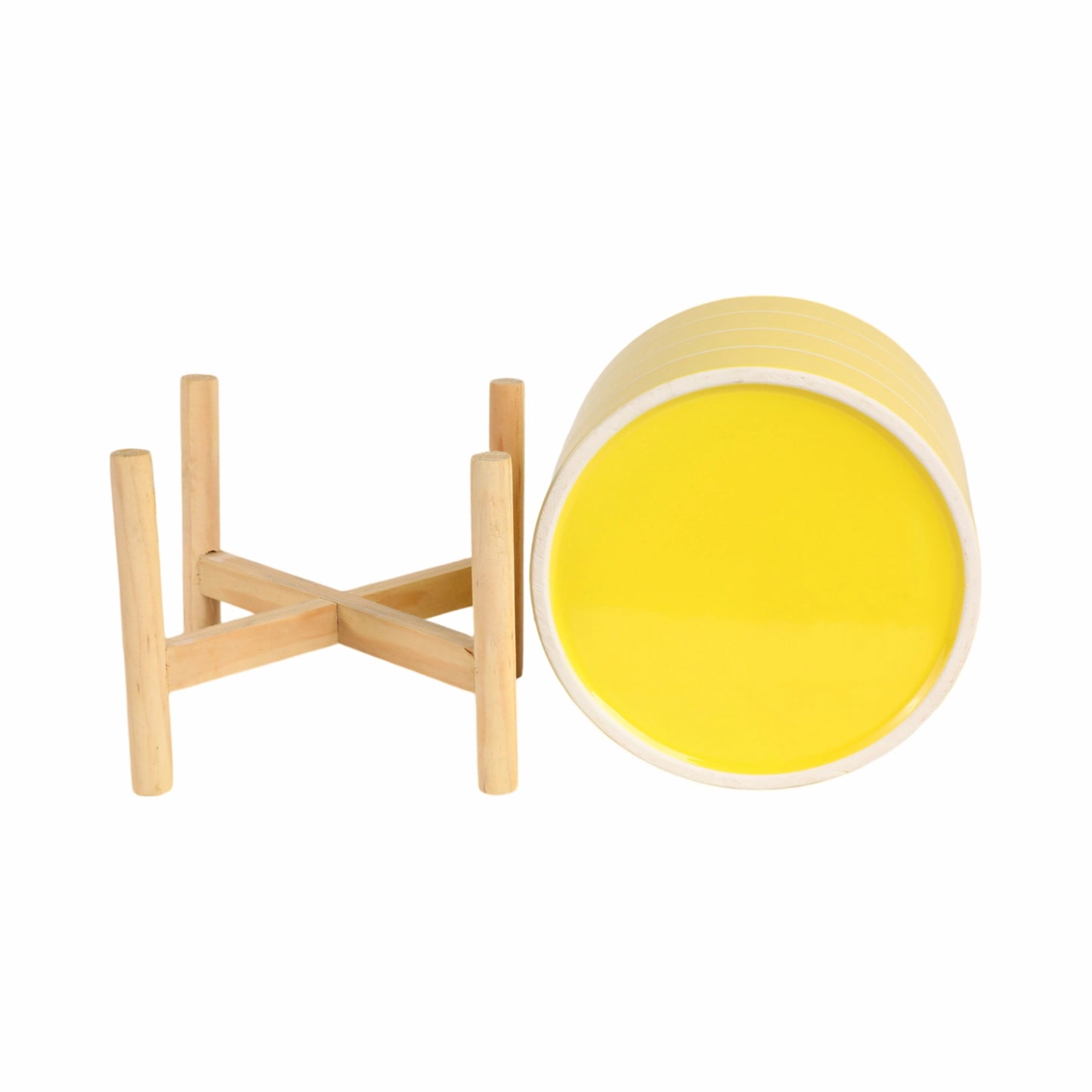 8" Yellow Striped Planter w/ Wooden Stand