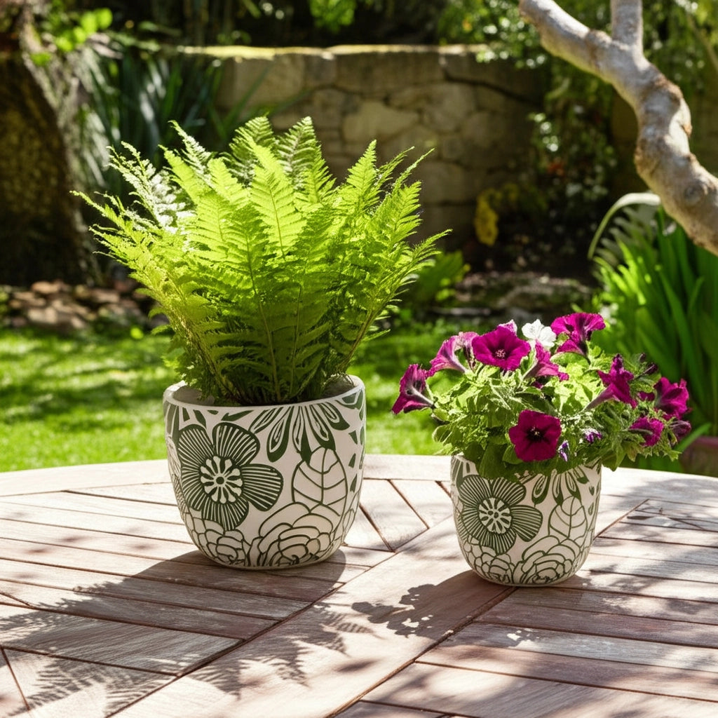 White & Green Ceramic Floral Planter Pot (2 Sizes)