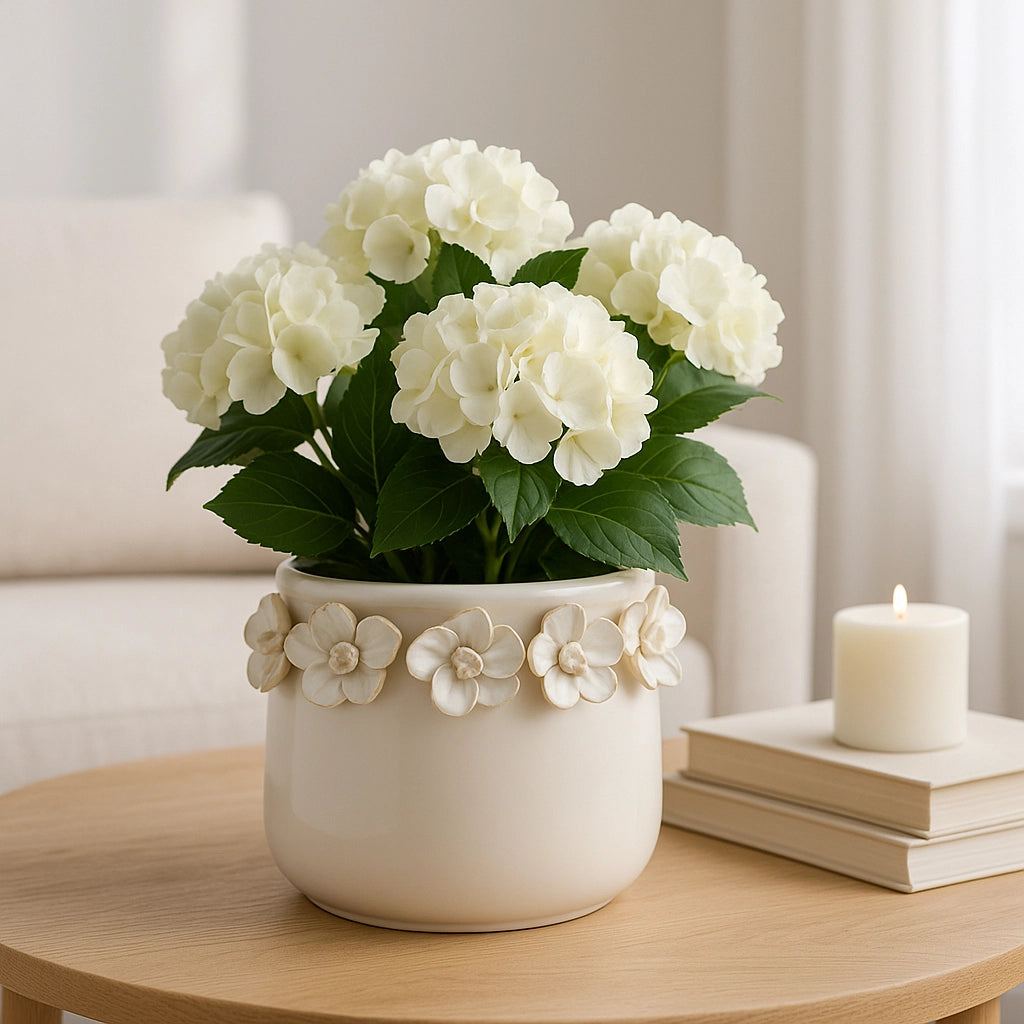Ivory Ceramic Planter Pot w/ Sculpted Floral Rim
