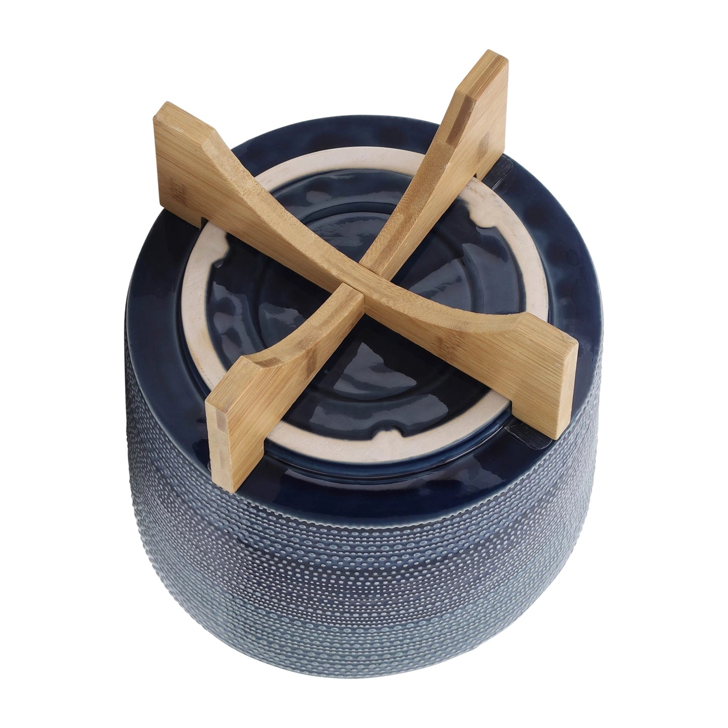 Blue & White Ceramic Planter w/ Wooden Stand