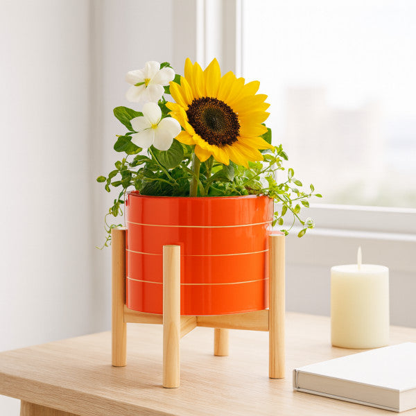 6" Orange Striped Planter w/ Wooden Stand
