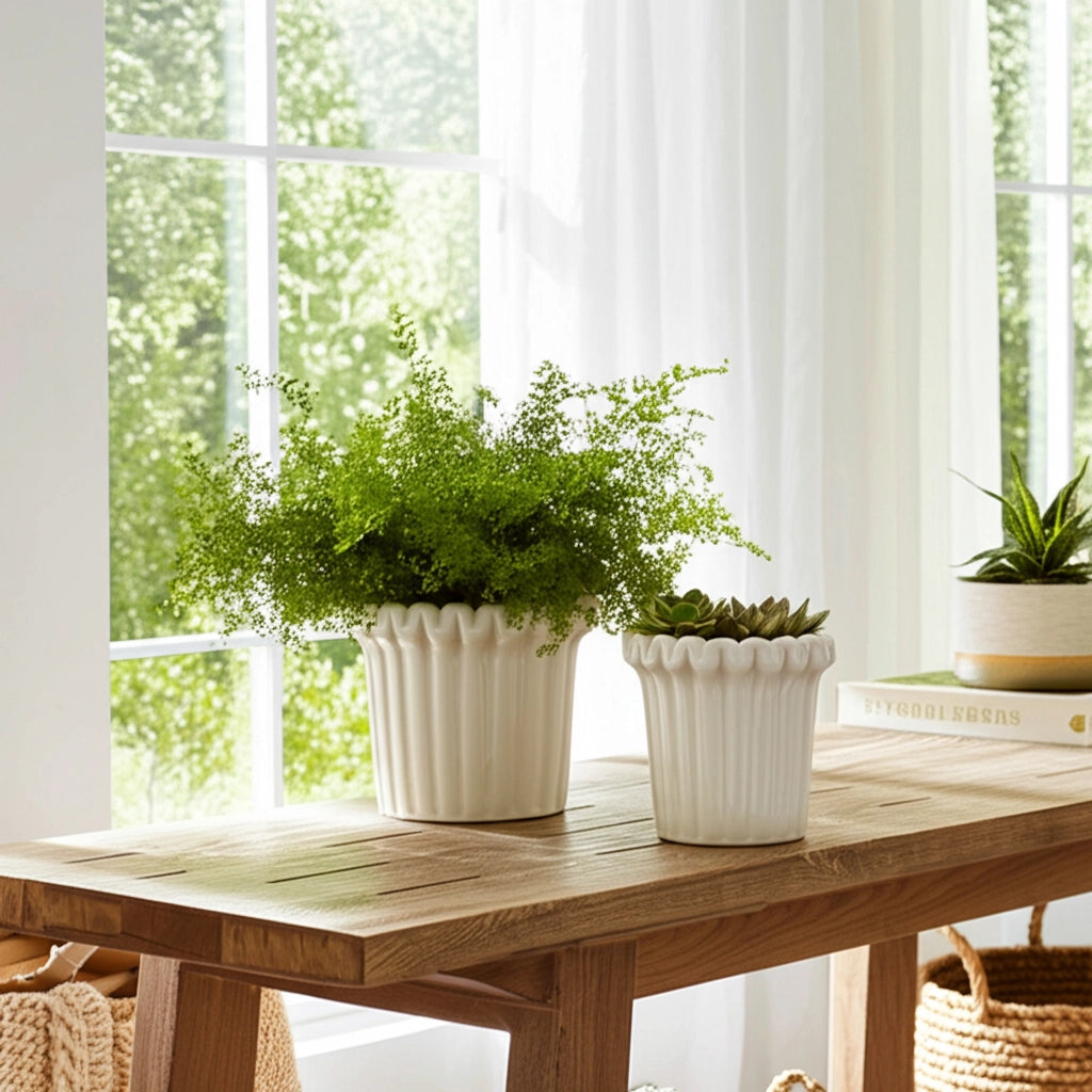 Ivory Ceramic Planter Pot w/ Fluted Rim (2 Sizes)