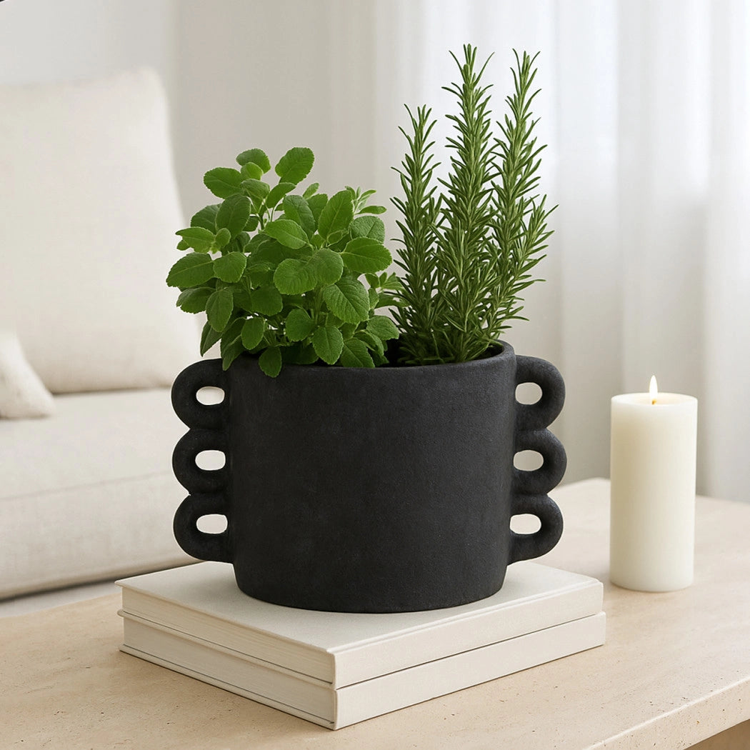 Black Ceramic Multi-Loop Arch Handle Planter Pot