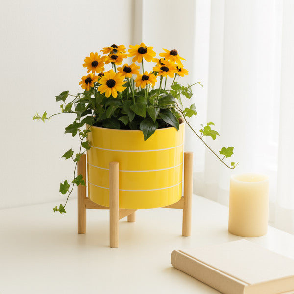 8" Yellow Striped Planter w/ Wooden Stand
