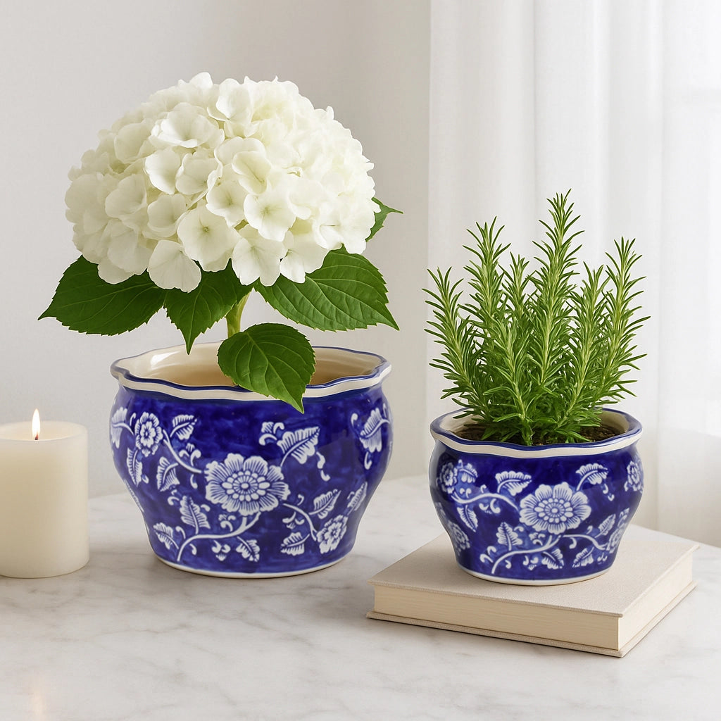 Ceramic Chinoiserie Planter Pot w/ Ruffle Rim (2 Sizes)