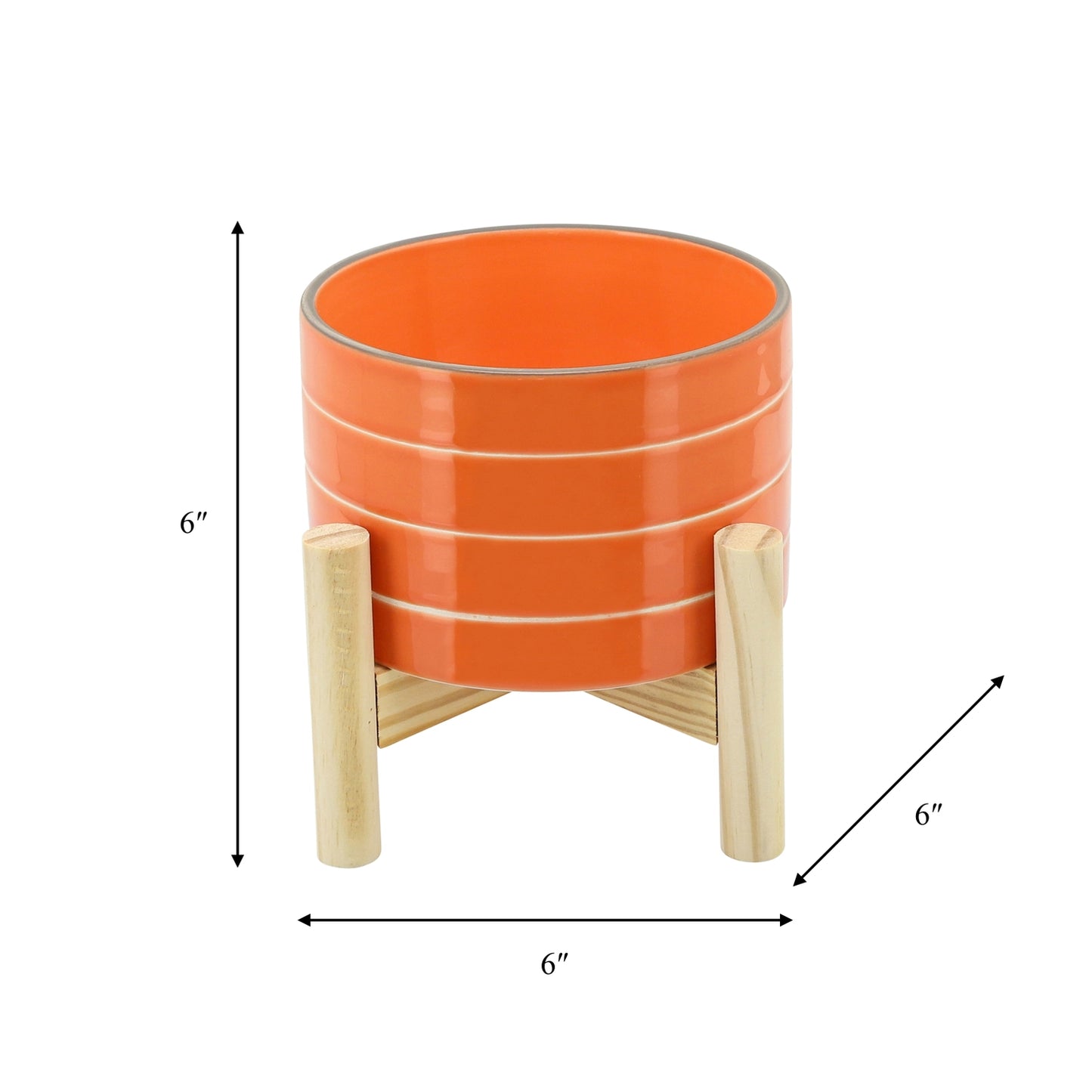 6" Orange Striped Planter w/ Wooden Stand