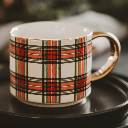 White Plaid Coffee Mug w Gold Handle 14 oz