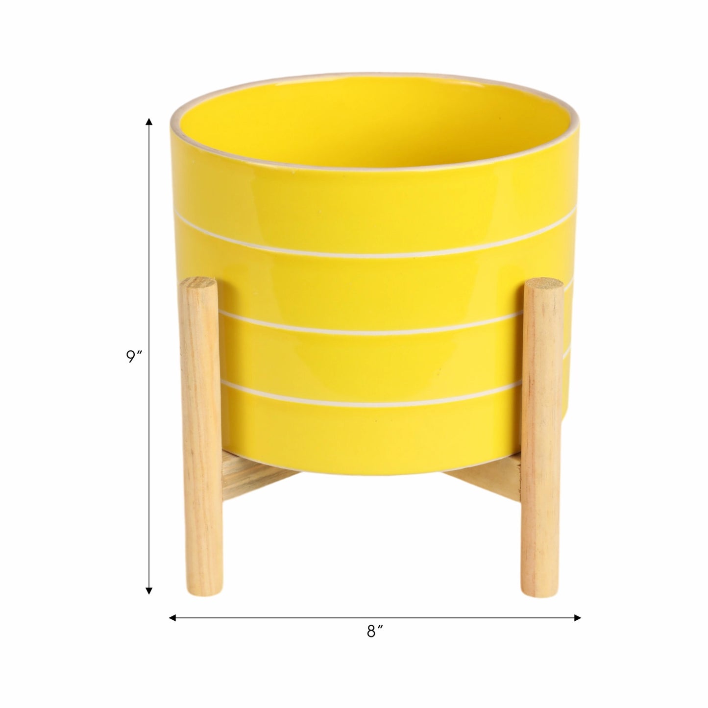 8" Yellow Striped Planter w/ Wooden Stand