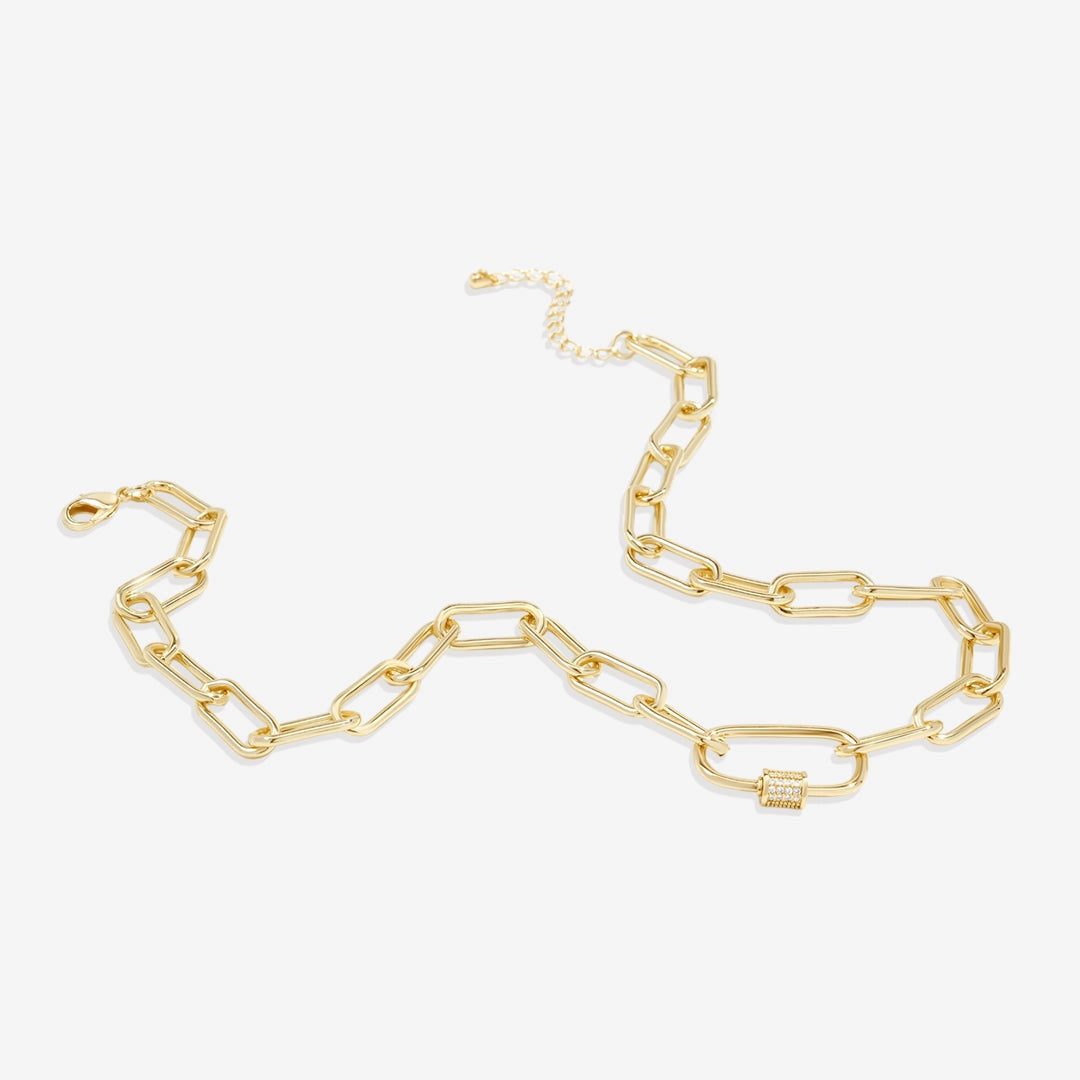Link Chain Necklace w/ Pave Carabiner Clasp (2 Colors)