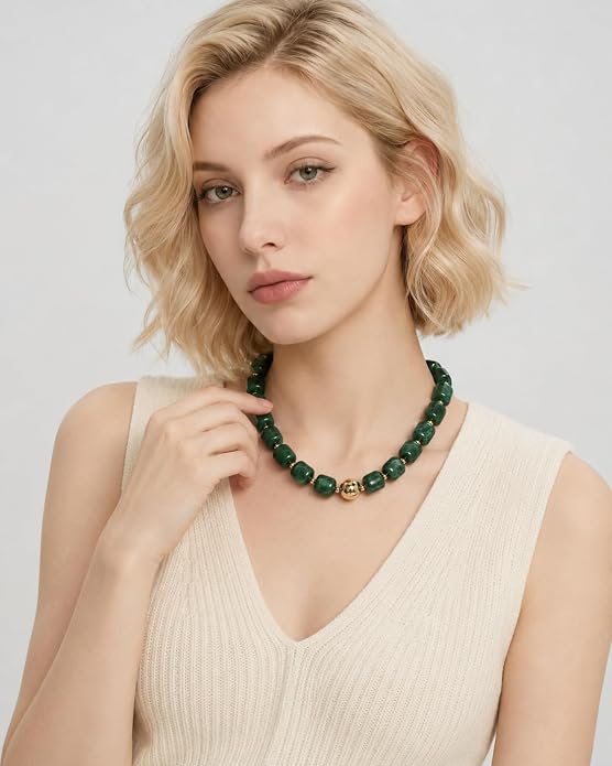 Dark Green Chunky Beaded Statement Necklace