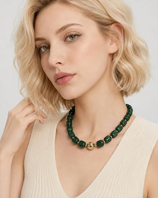 Dark Green Chunky Beaded Statement Necklace