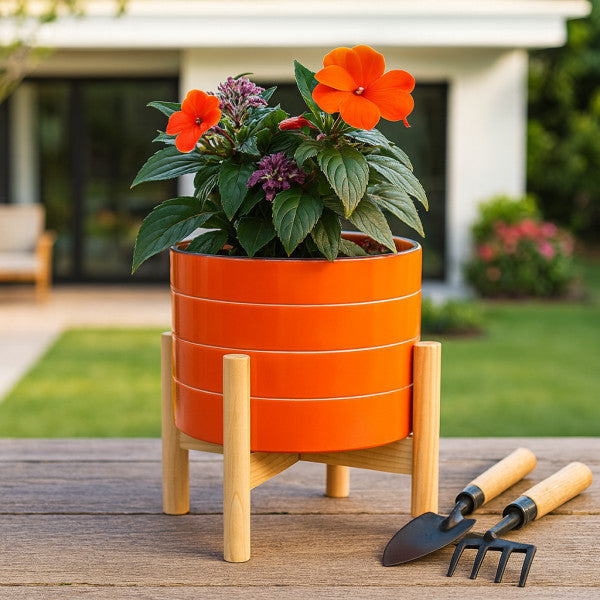 6" Orange Striped Planter w/ Wooden Stand
