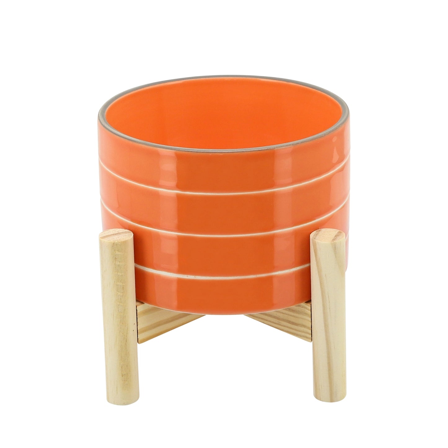 6" Orange Striped Planter w/ Wooden Stand