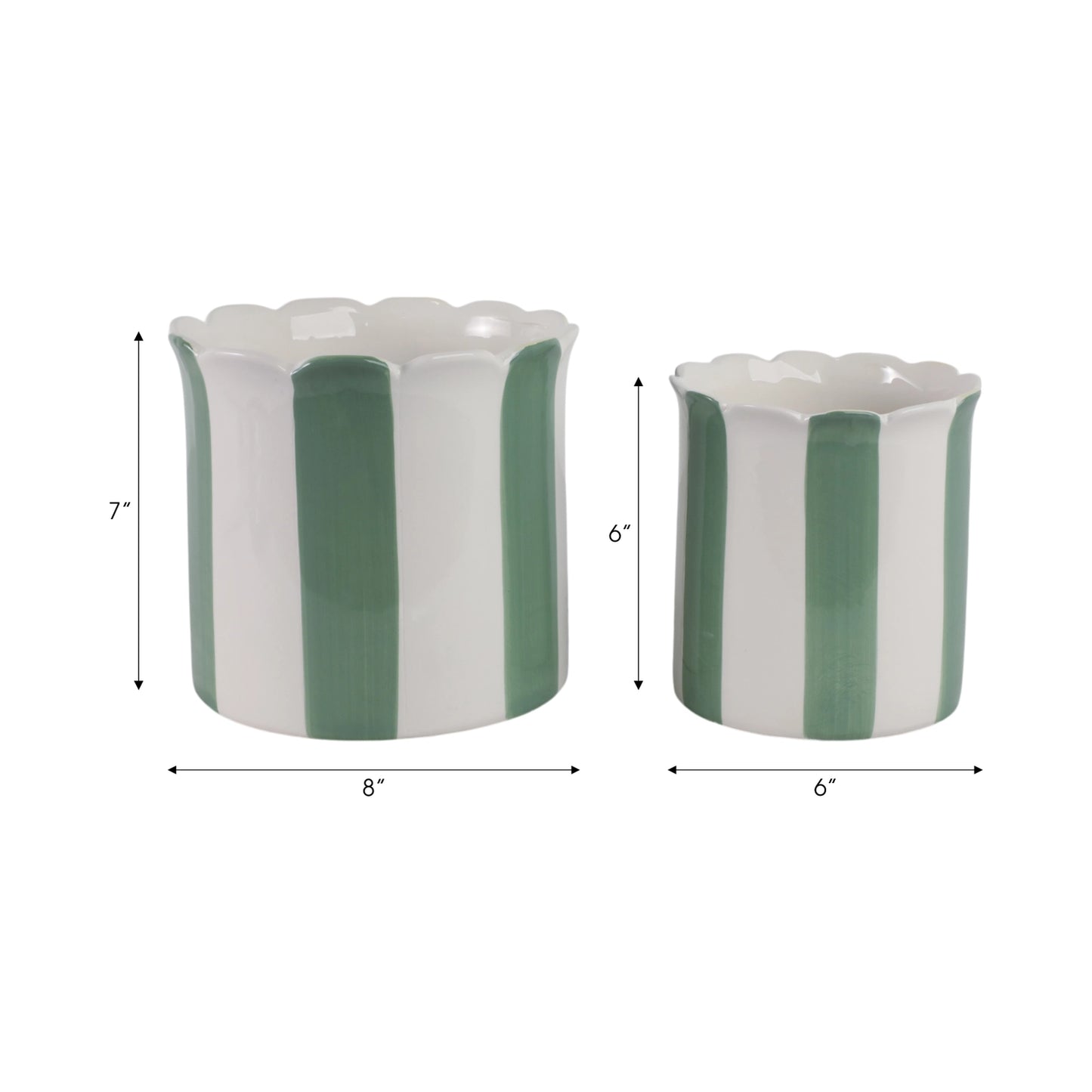 Green & White Striped Planters w/ Scalloped Rim (2 Sizes)