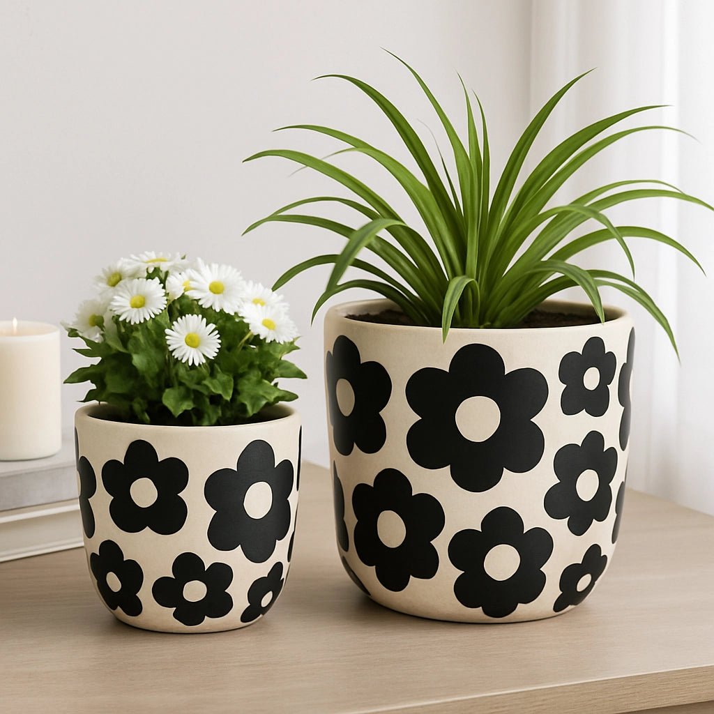 Ceramic White & Black Flower Power Planter (2 Sizes)